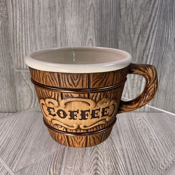 Vintage 1958 Treasure Craft Pottery Mugs Barrel Design MCM Set of 2 - Picture 5 of 9